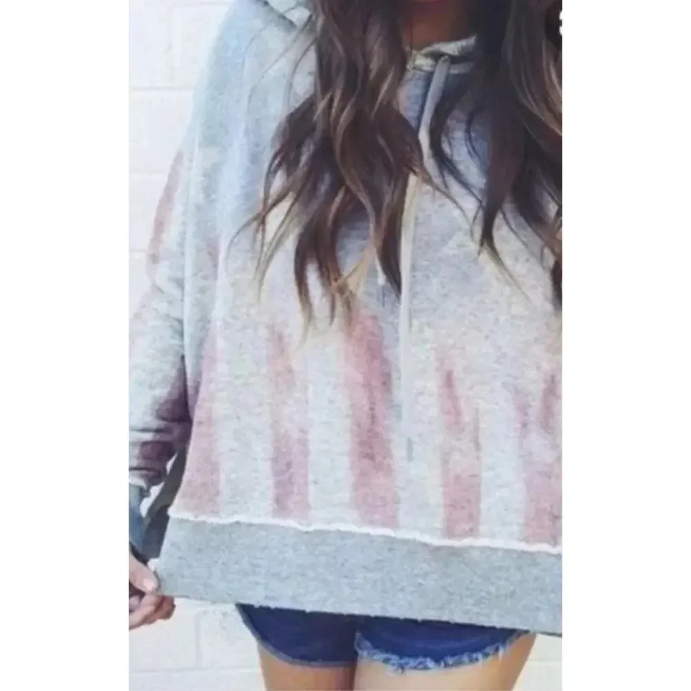 Free People Sweatshirt Womens XS America‎ Flag Hoodie Stars Stripes Hi Lo Gray